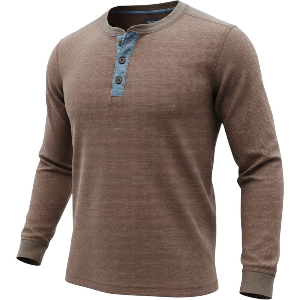 LL Bean Signature Mens XL Slim Fit Henley Brown Long Sleeve Contrast Trim Shirt
